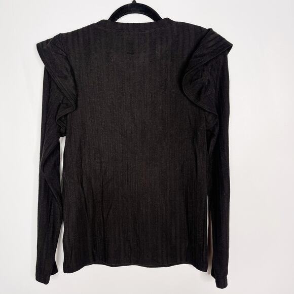 Another Love Small S Black Elvina Ruffle Long Sleeve Top Crew Neck Ribbed Fitted - Picture 2 of 10